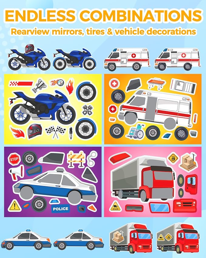 Aowplc 32 Sheets Vehicle Stickers for Kids - Make Your Own Transportation Stickers for Party Favors, Classroom Activities and Crafts