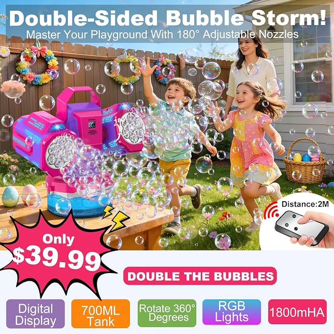 Rechargeable Bubble Machine with RGB Lights: 30,000 Bubbles/Min Storm, Auto 360° Rotation, Battery% Display - Remote Control Bubble Maker for Romantic Wedding, Kids Party & Outdoor Events