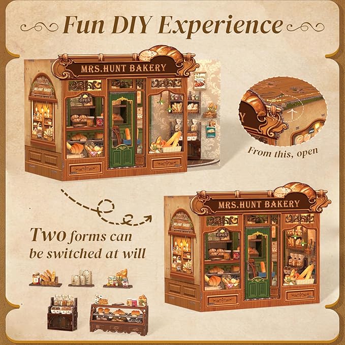 Cutefun Book Nook Kit - DIY Miniature Bread Shop Booknook Kits for Adults and Teens, 3D Wooden Puzzle Bookend Bookshelf with LED Light, Creative Crafts Gifts for Book Lovers (Mrs.Hunt Bakery)