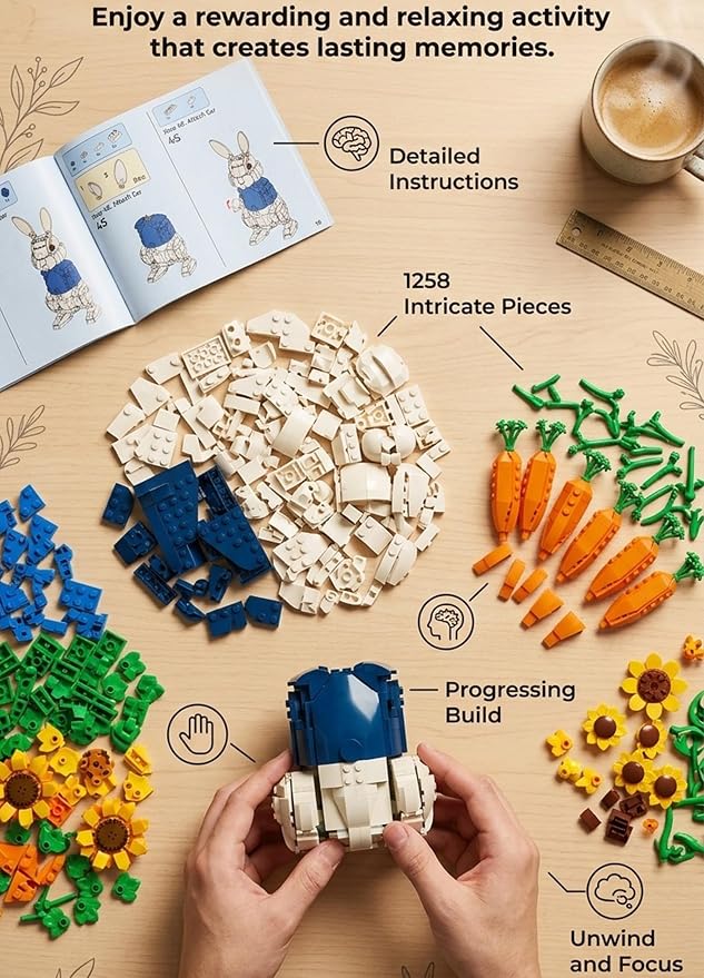 Wonderland Bunny Building Blocks Set, Compatible with Lego Flowers, Creator Cute Rabbit Toys with Carrot & Sunflower Display Base Creative Gift for Adults Home & Office Desk Decor (1258PCS)
