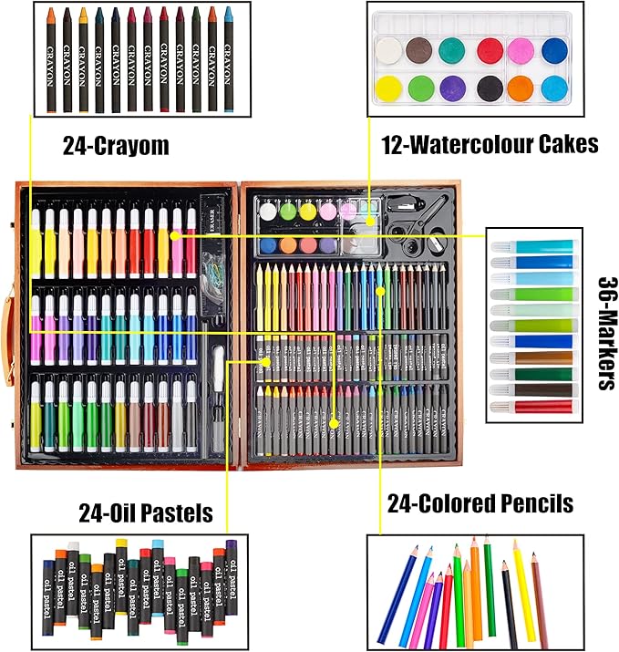 KINSPORY 150PC Art Set with Sketch Book, Coloring Art Kit Drawing Art Supplies Case, Markers Crayon Colour Pencils for Budding Artists Kids Teens Boys (Brown)