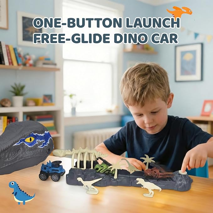 Dinosaur Launch Tracks Toys with Rolling Wheels & Storage Box & Shoulder Bag, 3-in-1 Toy Set for Kids 3+, Cool Dinosaur Car Playset for Toddler Boys & Girls' Festival Gift (Velociraptor)