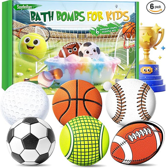 Bath Bombs for Kids, STEM 6-Pack Organic Handmade Bath Bomb Sports Themed, Basketball, Football, Rugby, Golf, Tennis Shapes, Mild Skin-Friendly SPA Toy, Nice Daily Reward and Holiday Gifts