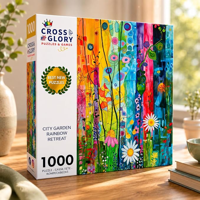 Cross & Glory - City Garden Rainbow Retreat - 1000 Piece Jigsaw Puzzle for Adults | Whimsical Flower Garden Cityscape | Vibrant Colors | Ideal for Puzzle Enthusiasts and Nature Lovers | Flower Puzzle