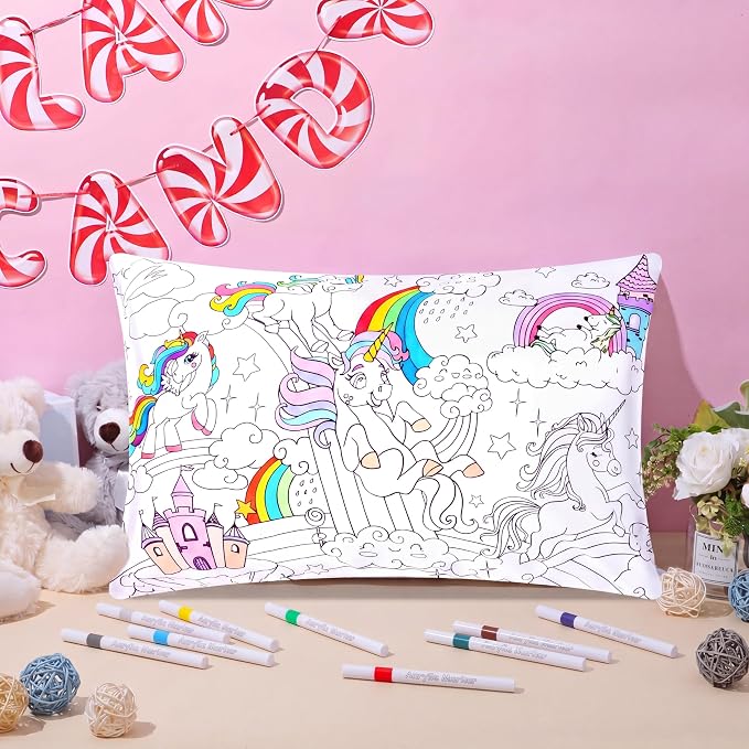 Mindsoft Coloring Craft Coloring Pillowcase Unicorn Pillowcase with 12 Pcs Markers Pens for Decoration Supplies Craft, 28.7 x 19.7 Inch
