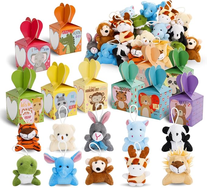 ATFUNSHOP 30 Pack Animal Plush Keychains Bulks – Easter Basket Fillers, Valentines Day Gifts for Kids, Small Stuffed Animals Toys with Gift Boxes, School Classroom Party Favors for Students