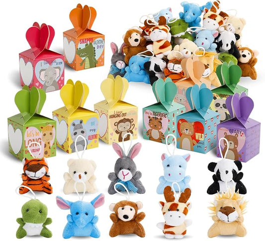 ATFUNSHOP 30 Pack Animal Plush Keychains Bulks – Easter Basket Fillers, Valentines Day Gifts for Kids, Small Stuffed Animals Toys with Gift Boxes, School Classroom Party Favors for Students