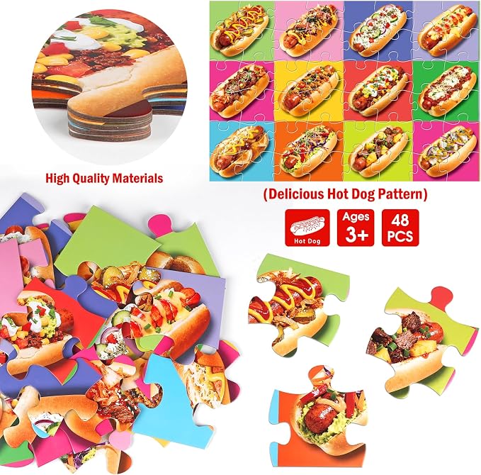 IFLOVE Hot Dog Floor Puzzle for Kids — 48 Piece Jumbo Hot Dog Jigsaw Puzzle, Food-Themed Puzzle with Colorful Hot Dogs and Toppings, Educational Toy Birthday for Boys Girls Ages 3-8