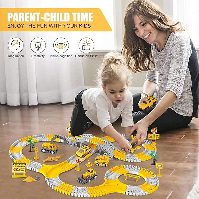 260 PCS Construction Race Tracks for Kids Toys, 2 Racing Cars, 4 Construction Cars, 1 Map & Flexible DIY Track Set, Engineering Toys for 3 4 5 6 Year Old Boys Girls