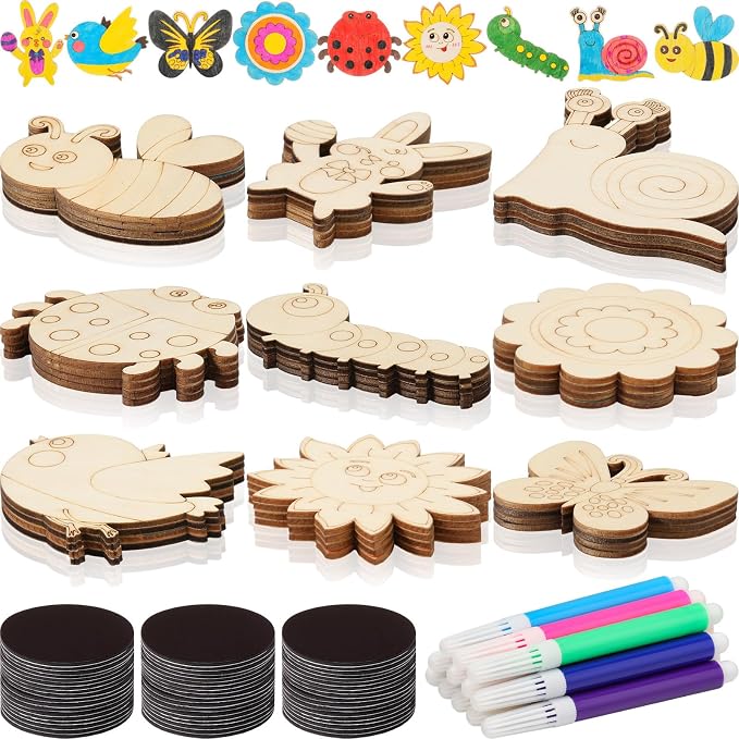 Blueweenly 72 Sets DIY Wooden Magnets Craft Kits for Kids Wooden Supplies Craft Painting Kit for Kids Activities Party Favors for Boys Girls Easter Basket Stuffers Birthday Party Gifts (Summer)