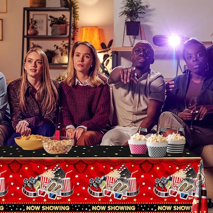 Movie Night Tablecloth,Movie Theme Hollywood Party Decoration 3Pcs Vintage Now Showing Popcorn Tablecloth Drive In Movie Party Table Cover for Movie Theater Party Favors ,Movie Star Birthday Supplies