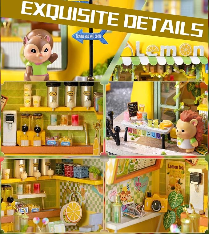 Roroom DIY Miniature House Kit, Hedgehog Drink Shop Book Nook Kit with LED Light,3D Wooden Puzzle Miniature Dollhouse Kit for Bookshelf Decor-Creative Crafts for Family and Friends