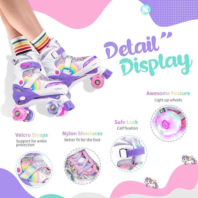SULIFEEL Rainbow Unicorn 4 Size Adjustable Roller Skates for Girls Boys for Kids Ages 3-5 5-8 6-12 Children Skates Indoor Outdoor