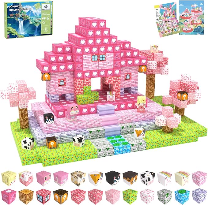Magnetic Blocks, 48PCS Magnetic Tiles Building Blocks, Magnet Cubes STEM Sensory Game Toys Christmas Birthday Gifts for Kids Girls Age 3+ (Pink Forest)