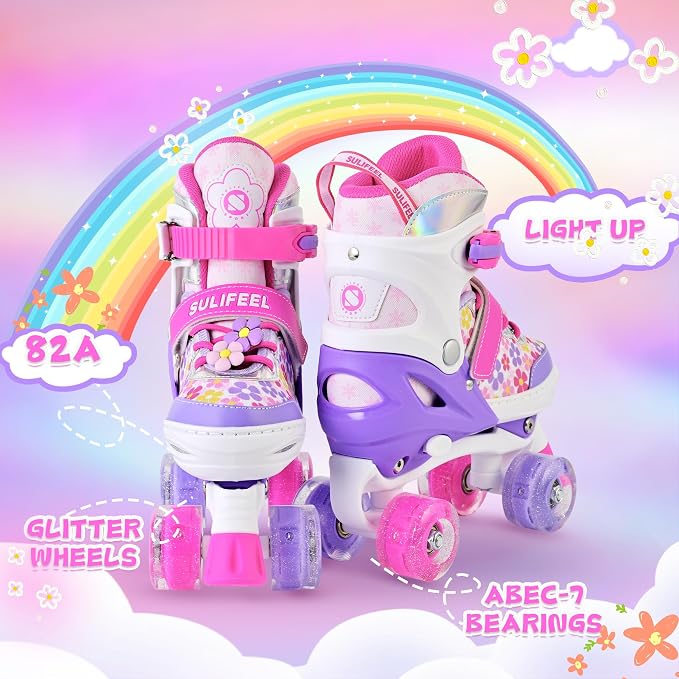 SULIFEEL Rainbow Unicorn 4 Size Adjustable Roller Skates for Girls Boys for Kids Ages 3-5 5-8 6-12 Children Skates Indoor Outdoor