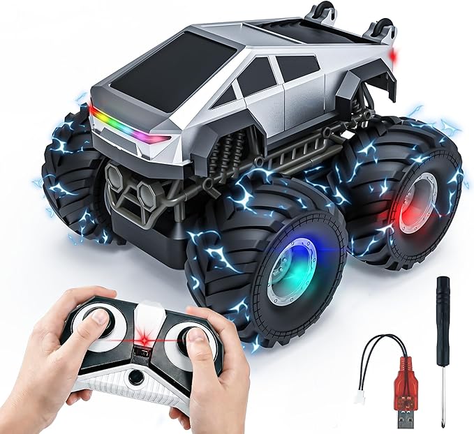 BEZGAR Cyber Truck Toy - 2.4GHz 1:20 4WD Remote Control Car for Boys 8-12 with Colorful Lights, 360° Rotation - RC Car Toy for Boys Girls Age 6, 7, 8, 9, 10 Years Old, Birthday Gifts(Silver)