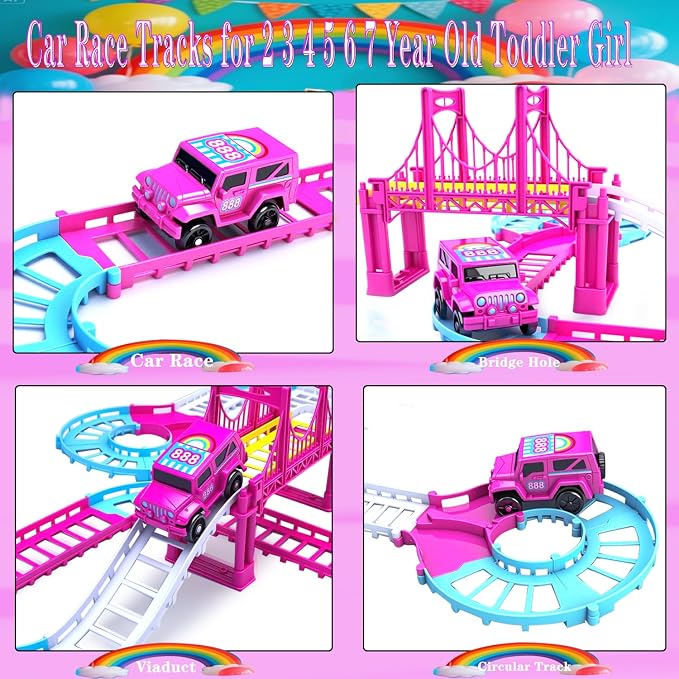 Race Tracks Toys for 3 4 5 6 Year Old Girls Kids, Princess Track Car Mode Game W/1 Electric Truck Car, Birthday Gift Toddler Cars Toy for 2-5 Year Old Girl Boy(Pink)