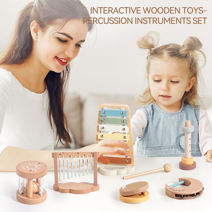 Wooden Xylophone Musical Instrument Sets Toy for Kids, Rattle Bell Montessori Cloud Toddler Music Percussion Toys, Christmas Birthday Gifts for Boys Girls 3 Year+