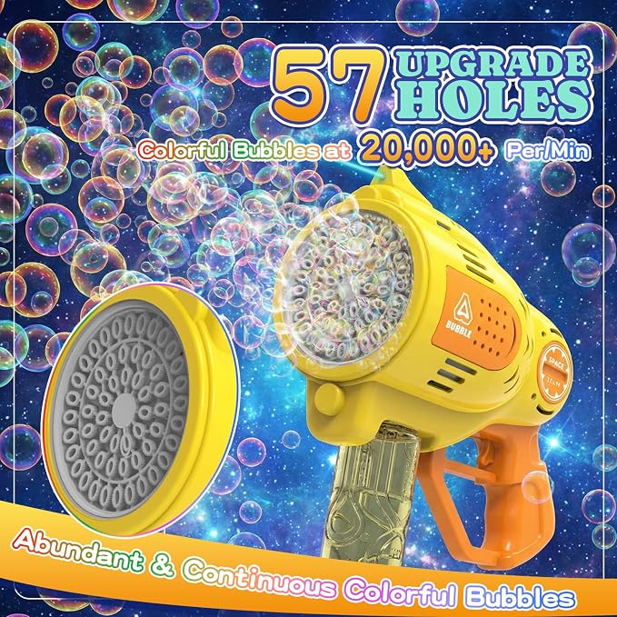 57-Holes Bubble Machine Gun for Kids, Big Automatic Bubbles Blower Blaster Maker with 1 Bottles Solution, Easter Party Favors Summer Outdoors Wedding Toys Gifts for Teens Children Boys Girls 3+,Yellow