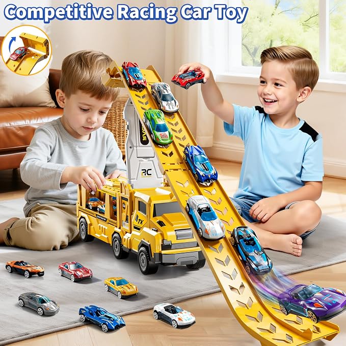 3-in-1 Kid Carrier Truck Toy Car Tracks for Toddlers 2-4 Years Old with 12 Racing Cars Toys, Foldable Chasing Race Track and Car Garage, Car Ramps Birthday Gift for Boys Girls 3-5 4-8(Yellow)