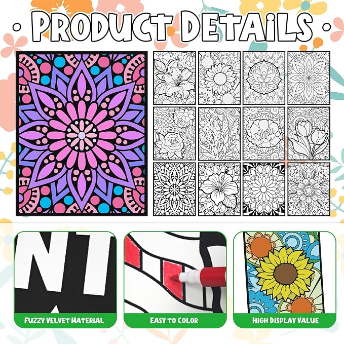 Cinrobiye 48 Pcs Velvet Coloring Posters Floral Fuzzy Posters to Color Bulk Felt Flower Coloring Page Craft for Adults Teenagers All Ages Classroom Assisted Living Festive Holiday Art&Craft Activity