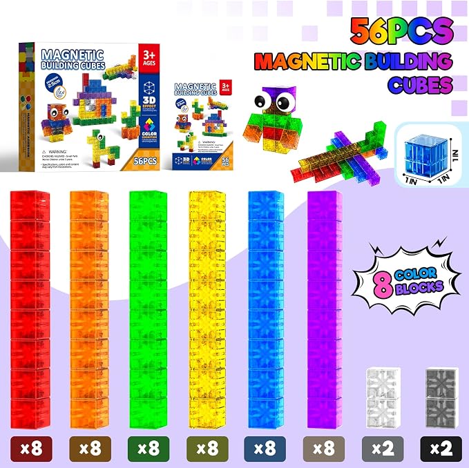 Annexfun 56PCS Magnetic Blocks - Transparent Magnetic Cubes, Toddlers Building Blocks,Montessori Preschool STEM Educational Sensory Toys for Kids Ages 3+ Boys & Girls Birthday Gifts (1IN)