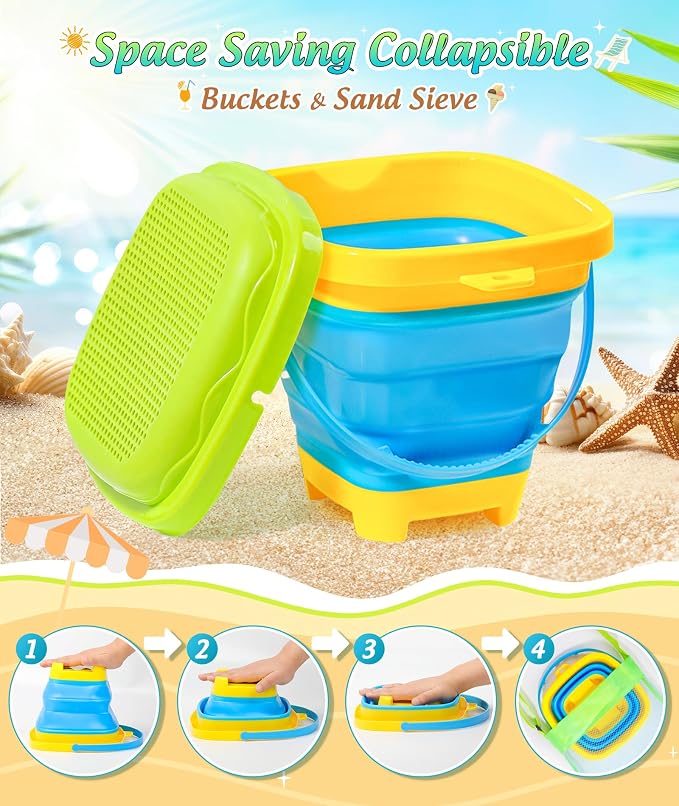 DUDUCOFU Collapsible Beach Sand Toys for Kids Toddlers, Collapsible Sand Buckets Sifter and Shovels Rake Diving Gem Pool Toy Set with Mesh Bag, Travel Beach Vacation Essentials Toys for Boys Girls