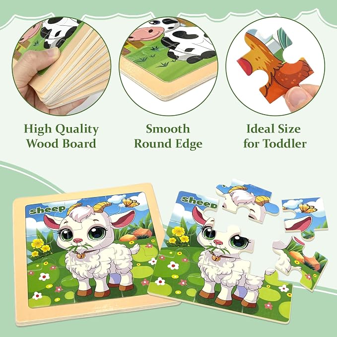 Wooden Farm Puzzles for Toddlers, 8 Pack 9 PCS Jigsaw Puzzles for Kids, Wooden Puzzles for Toddlers 3-5, Animal Puzzles for Kids 3-5, Preschool Puzzles Learning Educational Sets Toys