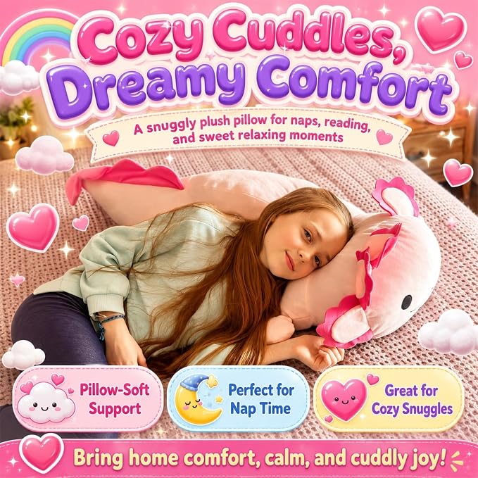 BENINY 39-Inch Giant Axolotl Plush Pillow, Hot Pink Large Stuffed Animal, Extra Soft Huggable Cuddly Toy Gift for Kids Girls Boys, Birthday Christmas Room Decor