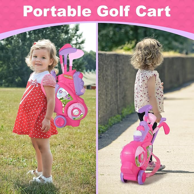 Toddler Golf Set for Boys Girls 2 3 4 Years Old, Upgraded Kids Golf Cart with Putting Mat & Cornhole Board, Outdoor Indoor Sports Toys, Pink