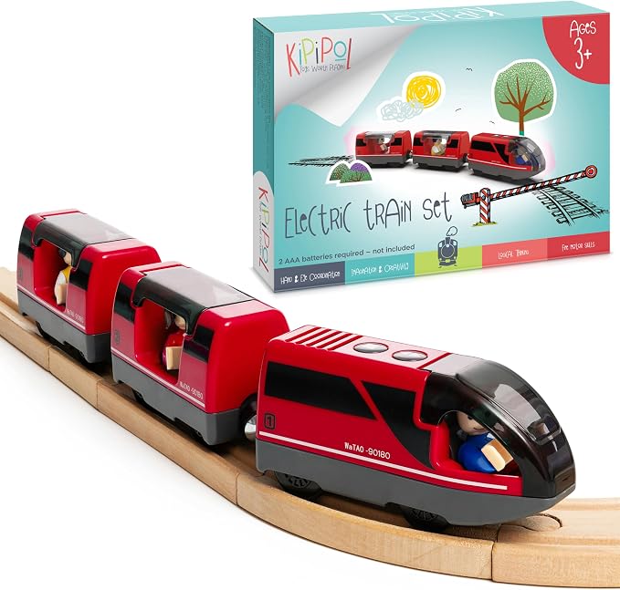 KipiPol Battery Operated Action Locomotive Toy Train Set for Wooden Tracks, (Magnetic)-Compatible with Thomas The Train Toys, Brio Tram Set for Toddlers 3-5 and up, Stocking Stuffers for Kids