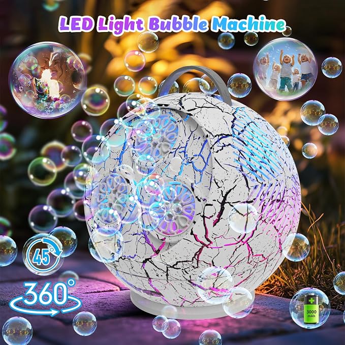 Bubble Machine for Kids 3+-45°/360° Rotating Bubble Blower with RGB LED Light,30000+ Bubbles Per Minute,Automatic Portable Bubble Maker for Boys Girls,Outdoor Party Easter Birthday Gifts (White Crack)