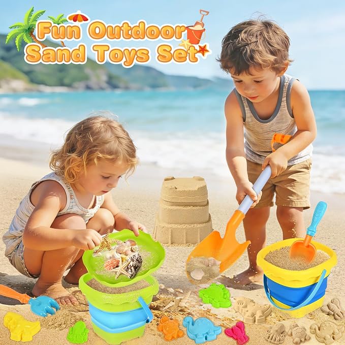 AuroTops Beach Toys for Kids,Collapsible Beach Buckets and Shovels Set with Mesh Bag,Sand Rake Toy,Cute Sand Molds for Kids and Toddlers Outdoor Toys,Summer Travel Beach Game Set