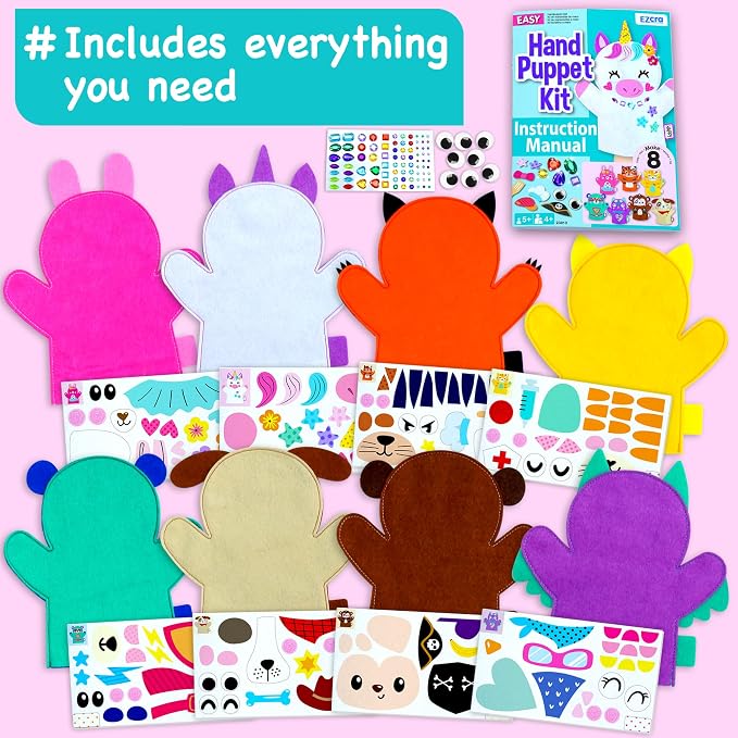EZCRA Unicorn Hand Puppet Making Kit for Kids Ages 5-10 - Make Your Own Puppets - 8 DIY Craft Projects with Stickers - Educational Gift for Girls & Boys