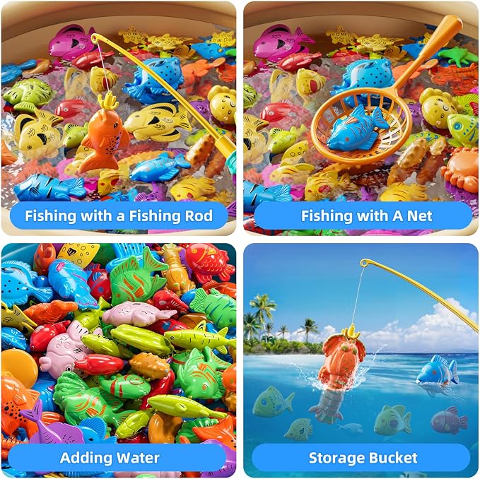 TEMI Fishing Toy Game for Kids 3 4 5 6 7 8 Years Old, 51 Fish Bath Playset for Toddlers, Toy Magnetic Rod and Fishing Net, Outdoor Water Toys for Kids Age 3-5, Party for Boy and Girl