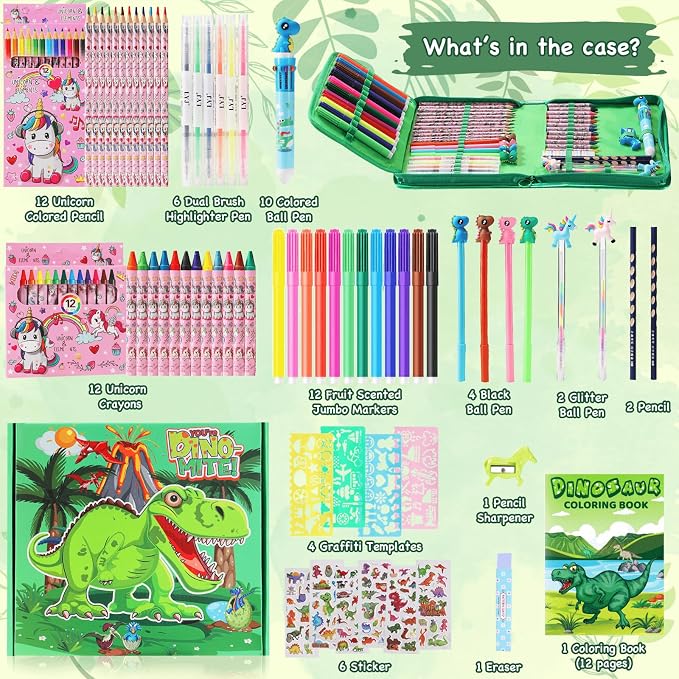 DOKKIA Fruit Scented Coloring Pens Markers Set 65 PCS Art Craft Drawing Case - Washable Kits Pencil,Gel Pen,Crayon&Coloring Book Supplies Dinosaur Dino Green