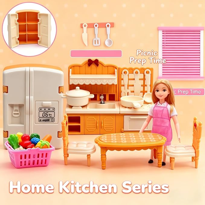 Dollhouse Furniture Set-38 Pcs, Miniature Doll House Accessories with Dogs and Cat ，Kitchen Bedroom Living Room Bathroom Furniture, Great Gift Idea