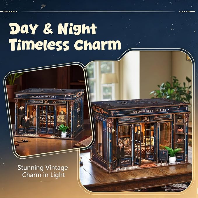 Book Nook Kit DIY Miniature Dollhouse Kit 3D Wooden Puzzles Gentleman's Clothing Store Tiny House Bookshelf Decor with LED, DIY Craft Gift for Adults Teens- Golden Section Line