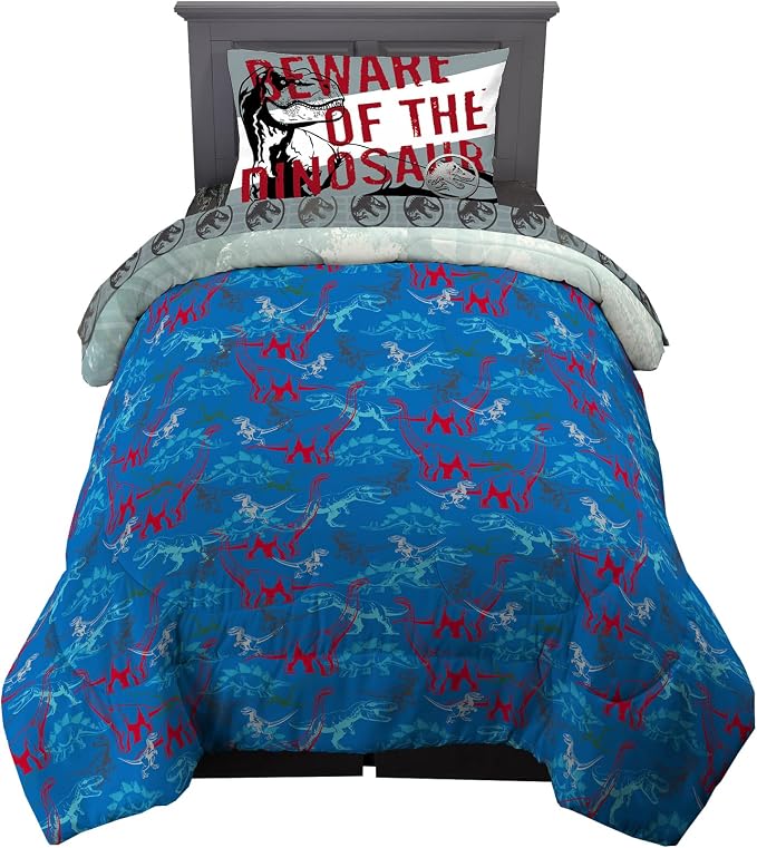 Jurassic World Dominion Blue Velociraptor and Rexy T-Rex Super Soft Microfiber Reversible Comforter, Twin Size, Bedding by Franco Kids