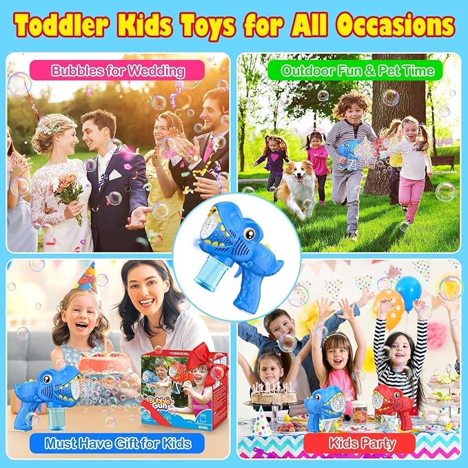 2Pcs Bubble Machine Gun Kids Toys Bubble Maker with 1800mAh Rechargeable Battery 4 Solutions Bubbles for Kids 4-8 Toddlers 1-3 Easter Basket Stuffers Dino Outdoor Toy Valentine Boy Girl