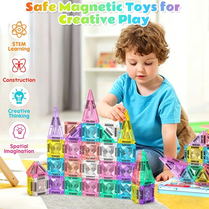 Mini Magnetic Tiles, 44PCS Portable Travel Magnetic Tiles Set with Case, Creativity Boosting Building Toys for Boys and Girls Ages 3+, Educational Toy for Kids STEM & Construction Learning