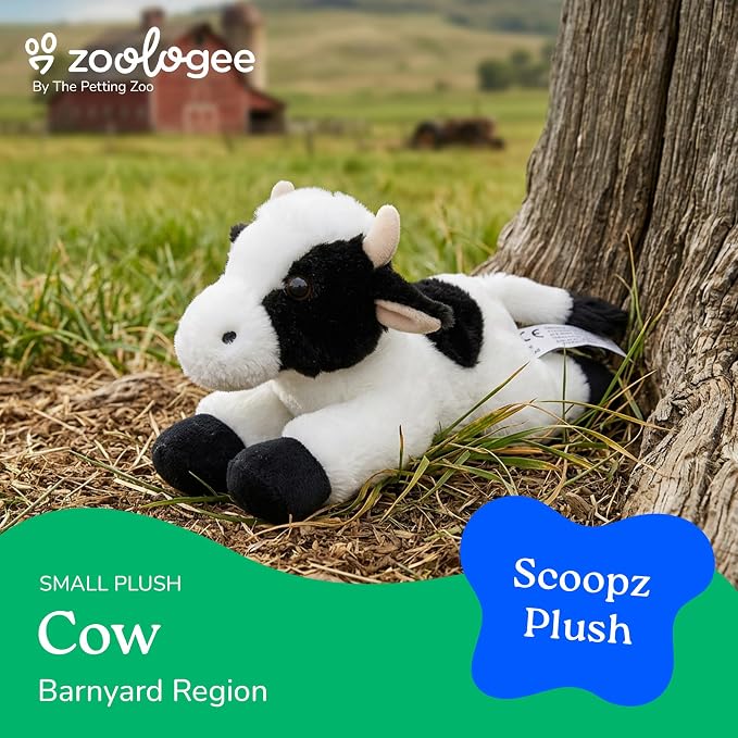 The Petting Zoo Cow Stuffed Animal Plushie, Gifts for Kids, Scoopz Wildlife Animals, White Cow Plush Toy, 8 inches