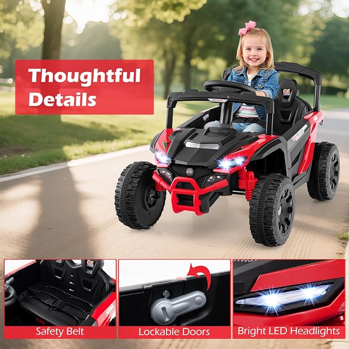 Costzon 12V Kids UTV Ride On Car, Battery Powered Electric Vehicle with Remote Control, 3 Speeds, LED Lights, Music, Horn & Spring Suspension, Off-Road UTV for Boys & Girls 3+ Years Old (Red)