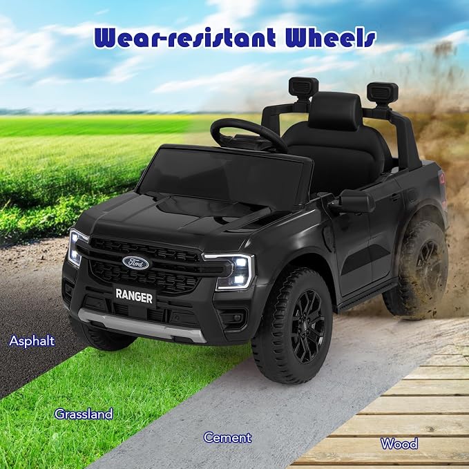 Licensed Ford Ranger Ride on Pickup Truck by INFANS, 12V Battery Powered Electric Vehicle for Kids with Remote Control, Headlight, Power Display, Bluetooth, MP3, Music, Aged 3-6 Years (Black)