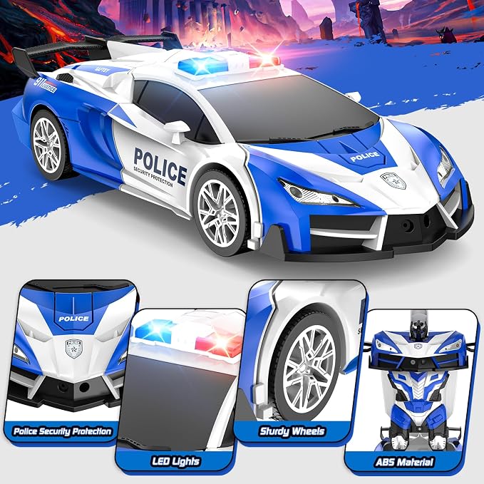 Remote Control Car with One Button Transformation, RC Cars Transforming into Robot, 2.4Ghz 360 Degree Rotation Police Car with Light, 1:18 Scale Transform Toys for Boys Girls Kids 4-7 8-12 6-8