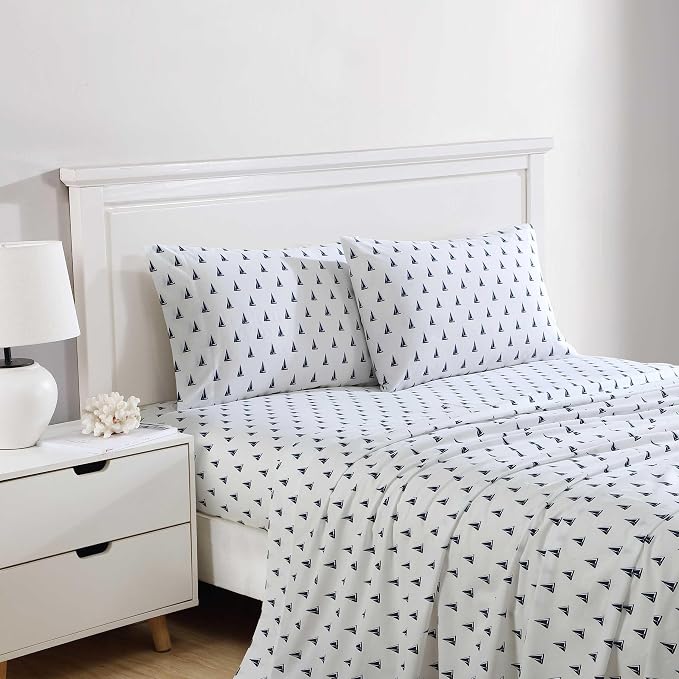 Nautica - Sheets, Cotton Percale Bedding Set with Matching Pillowcase, Crisp & Cool, Deep Pocket (Windtale Boat Navy, Twin)