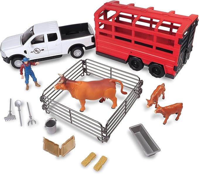 Big Country Toys: Truck & Cattle Trailer Adventure - 18pc Farm Toy Playset, Light-Sound White Pickup, Articulated Animals & Rancher Figure, Kids 3+