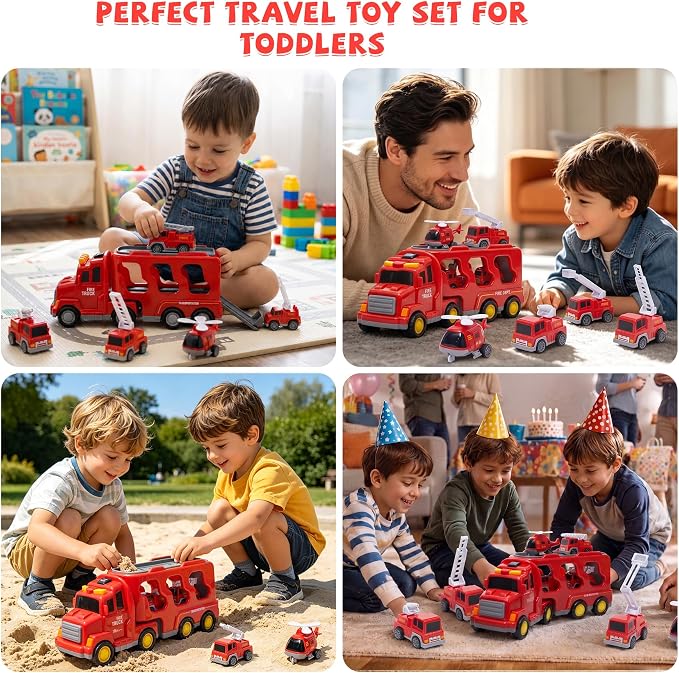 JoyRapt 5 in 1 Construction Truck Toys for Toddlers 3-5, Carrier Transport Trucks 4 Pack Small Pull Back Construction Vehicles Friction Power Cars, Christmas Birthday Gift Toys for Boys Girls.
