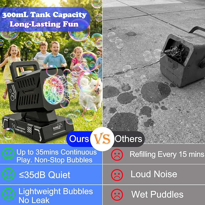 Bubble Machine for Kids, Rechargeable Bubble Maker with Remote & RGB Lights, Automatic Rotating Battery Bubble Blower for Birthday Parties, Weddings, Outdoor Activities, Pets