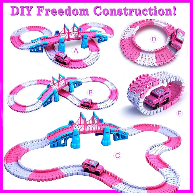 Race Tracks for Kids Ages 4-8, 203 PCS Pink Magic Tracks Electric Toys, Flexible Car Track Set Girls Toys Birthday Gifts for 2 3 4 5 6 Year Old Girls and Toddlers